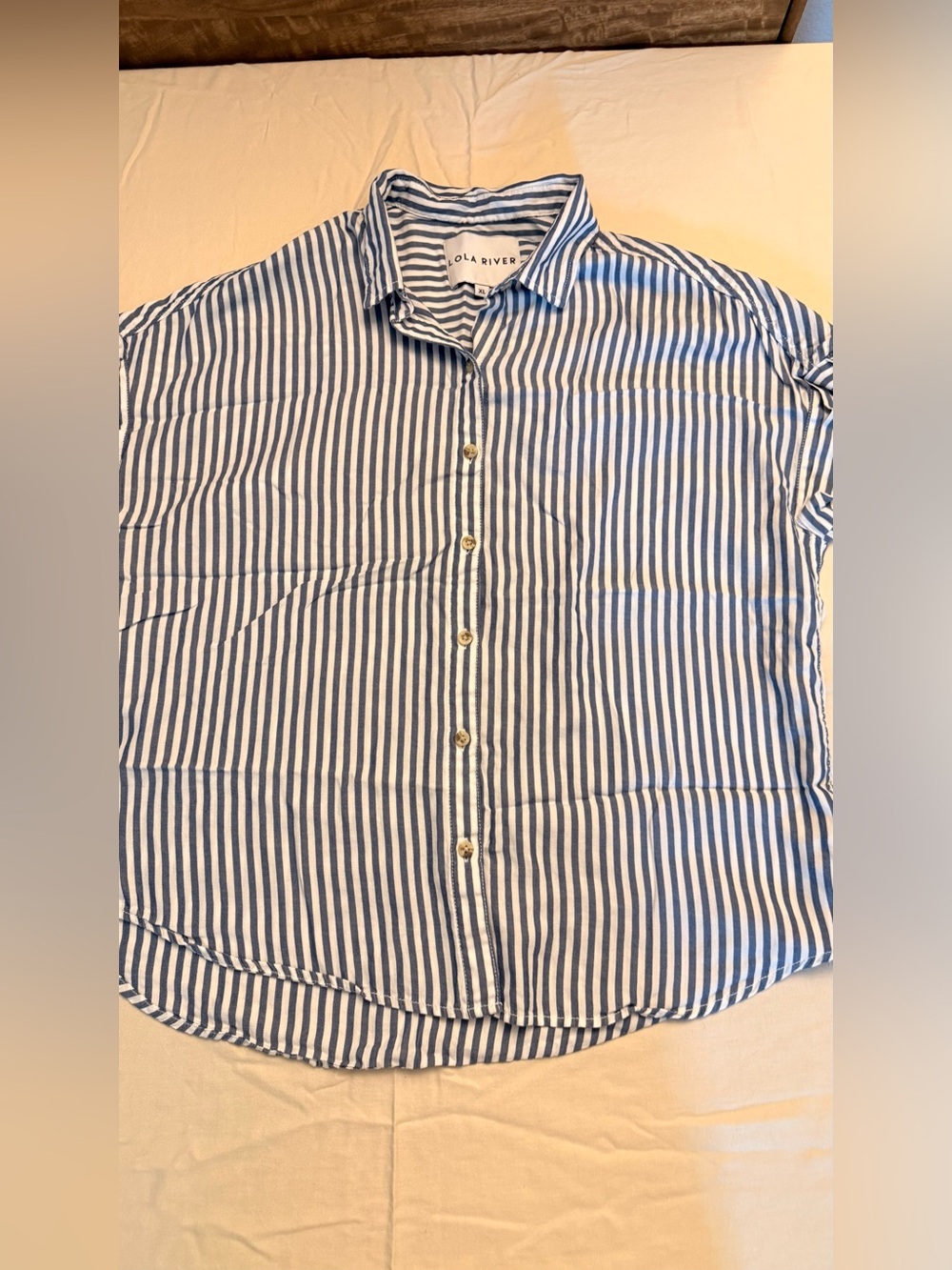 Lola River Womens Blue White Striped Tencel Short Sleeve Button down Shirt XL - Picture 2 of 8